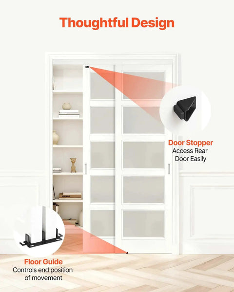 Front view of Bypass Sliding Door Hardware Kit For Closet Aluminum Dual Track System with door stopper and floor guide.