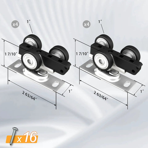 Bypass Sliding Door Track Roller Kit For Wardrobe And Closet Doors, Roller Hardware With Screws, Smooth Quiet Operation, Supports Up To 150 Lbs Per Panel, For Door Thickness One And Three Eighths To One And Three Quarters Inches, Rust Resistant Wheel