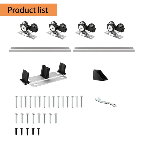 Heavy Duty Bypass Sliding Closet Door Track Hardware Set With Aluminum Pocket Rail 72 Inch Long components including wheels, rails, and screws