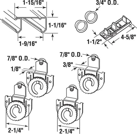 Bypass Wardrobe Track Kit For Sliding Closet Doors Fits 47 To 48 Inch Openings With Dial Adjusting Rollers Steel Construction Seven Eighths Inch Wheel Diameter Includes Track Hardware Replacement Single Pack diagram