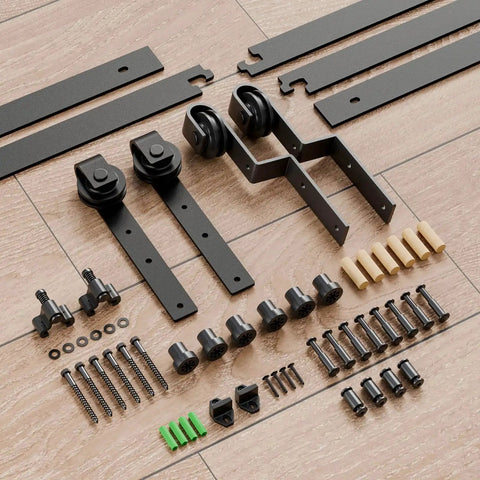 Bypass Sliding Barn Door Hardware Kit With Single Track System In Frosted Black Carbon Steel For Easy Installation Supports Doors Up To 330 Lbs Fits 1 To 1.56 Inch Thick And Up To 48 Inch Wide Per Panel Ideal For Double 48 Inch Door Panels, unassembled components displayed.