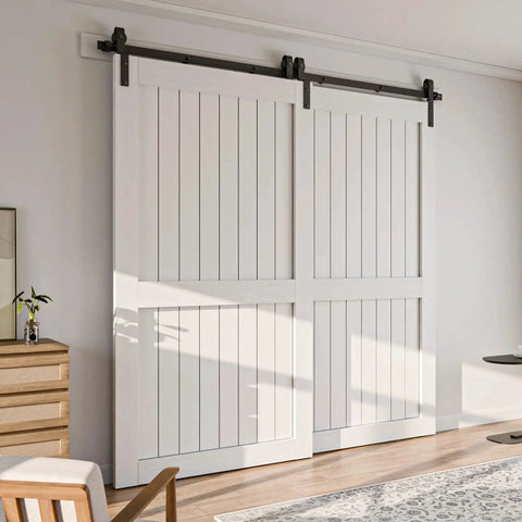 Bypass Sliding Barn Door Hardware Kit With Single Track System In Frosted Black Carbon Steel For Easy Installation Supports Doors Up To 330 Lbs Fits 1 To 1.56 Inch Thick And Up To 48 Inch Wide Per Panel Ideal For Double 48 Inch Door Panels installed on white barn doors.