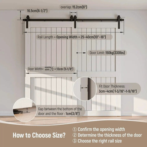 Bypass Sliding Barn Door Hardware Kit With Single Track System In Frosted Black Carbon Steel, diagram with measurements and guidelines