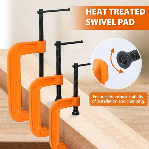 Forward C Clamp Set 3 Piece Heavy Duty Ductile Iron Clamps shown on wood with heat treated swivel pad detail.