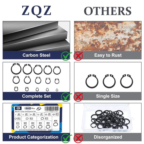 Comparison of ZQZ Ultimate C Clip Assortment Kit with 15 Sizes M4 to M28 in BlackCarbon Steel External Retaining Rings vs rust-prone alternatives