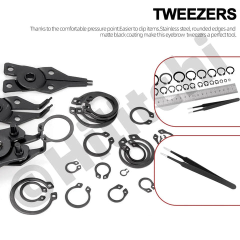 All In One No Fuss C Clip External Retaining Rings Kit With 266 Pieces In 21 Sizes M4 To M28 And Tweezers shown with measurement tools