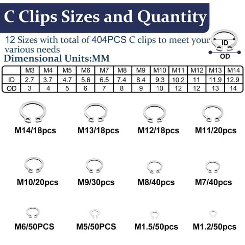 Chart showing C Clip sizes and quantities from Ultimate C Clips And E Clips Assortment Kit with M3 to M14 sizes.