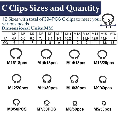 C Clips size chart from All In One C Clips And E Clips Kit For Machinery And DIY Projects ZQZ 840Pcs showing dimensions and quantities
