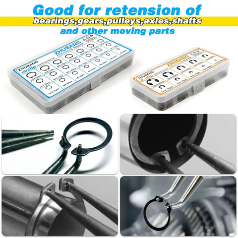 All In One C Clip And E Clip Retaining Ring Kit With tools shown for bearings, gears, and shafts usage