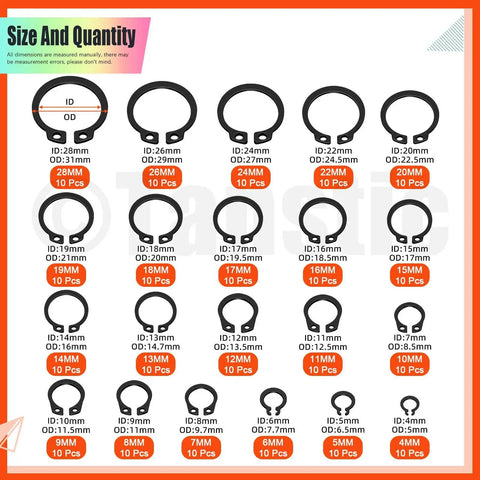 Size chart of 28mm to 5mm C Clip and E Clip in All In One C Clip And E Clip Retaining Ring Kit With Pliers And Tweezers, 312 Pcs Total.
