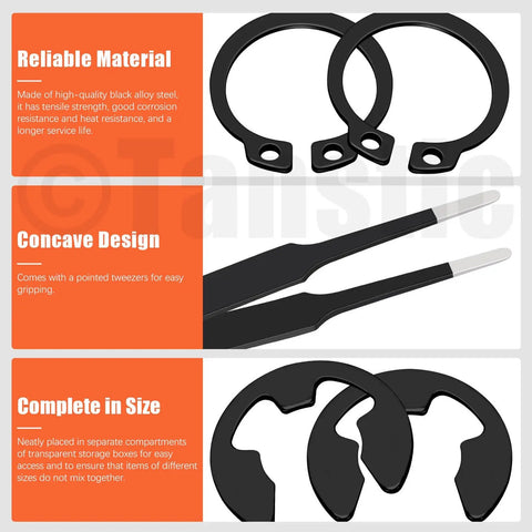 All In One C Clip And E Clip Retaining Ring Kit With Pliers And Tweezers, 312 Pcs Total, M4 To M28 And 1.5 To 10mm Sizes, 65Mn Steel Heavy Duty Snap Ring Set For DIY Gearheads - close-up of tools and clips showing material and design features.