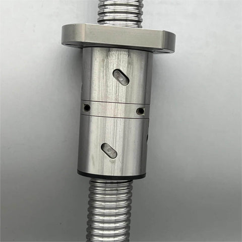 Close-up of ✝️ C5 Ball Screw Machined 1605 BallScrew DFU1605 with Double Ball Nut for CNC axis motion and anti-backlash setup