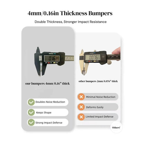 Digital calipers measuring 4mm and 2mm thickness rubber bumpers with features comparison for heavy duty cabinet door bumpers.