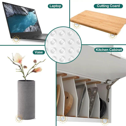 Image showing 200 Pack Self Adhesive Cabinet Door Bumpers Pads Clear Soft Rubber Circular Dots used on laptop, cutting board, vase, and cabinet.
