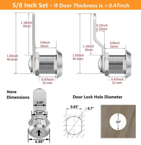 Diagram showing Enhance security with a 5/8 inch cabinet lock set featuring keyed alike keys, zinc alloy construction dimensions.