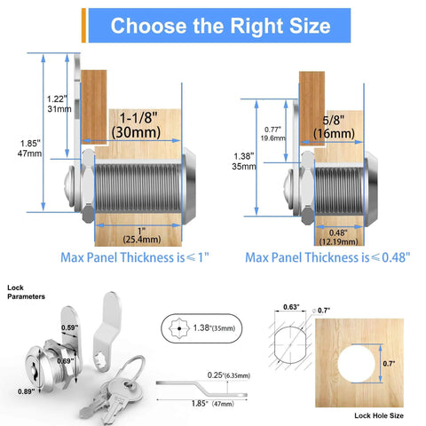Diagram showing dimensions of three-pack keyed-alike cabinet cam locks in 5/8 inch with zinc alloy cylinders and shared keys.
