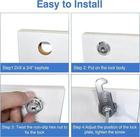 Installation steps for Cabinet Cam Locks Keyed Alike Set For RV Storage And Tool Boxes One And A Half Inch Long Zinc Alloy