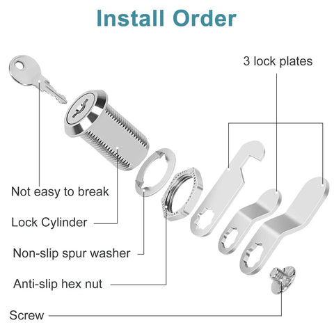 Exploded view of 3/4 Inch Cam Lock Set Keyed Alike for Cabinets and Drawers Includes 2 Locks and Keys Durable Zinc Alloy Construction diagram.