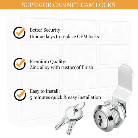 Enhance security with a 5/8 inch cabinet lock set featuring keyed alike keys, durable zinc alloy, ideal for securing cabinets