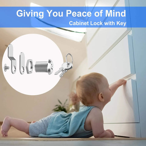 Three-pack keyed-alike cabinet cam locks in 5/8 inch deliver secure, convenient access, with child reaching for drawer