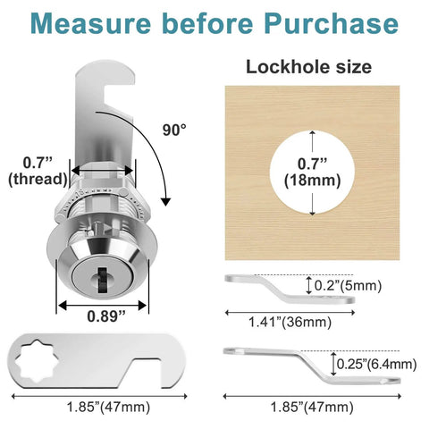 3/4 Inch Cam Lock Set Keyed Alike for Cabinets and Drawers Includes 2 Locks and Keys with size measurements and diagram.