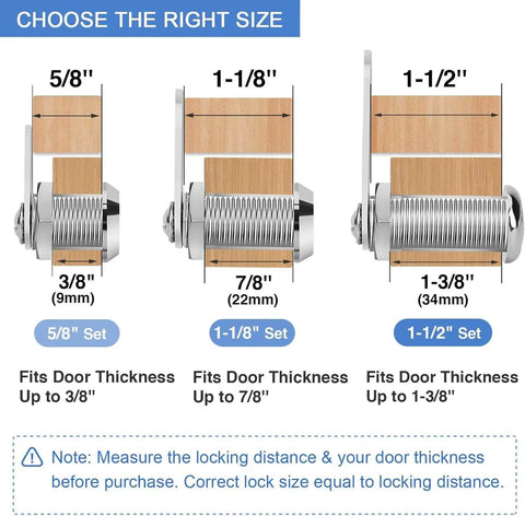 Diagram showing different sizes of Cabinet Cam Locks Keyed Alike Set For RV Storage And Tool Boxes One And A Half Inch Long Zinc Alloy.