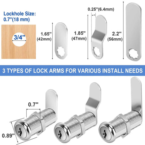 Cabinet Cam Locks Keyed Alike Set For RV Storage And Tool Boxes One And A Half Inch Long Zinc Alloy 4 Pack displayed with lock arms