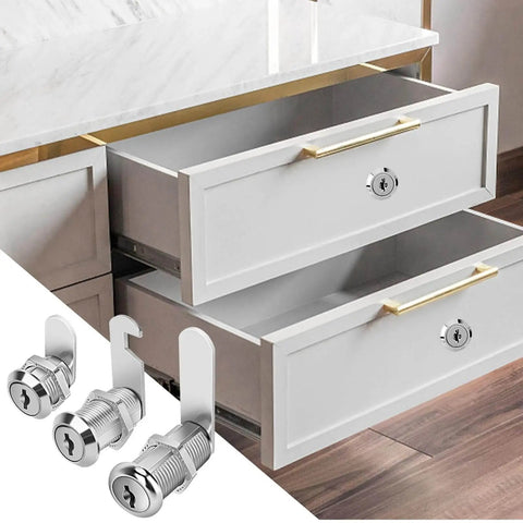 Keyed Alike Cabinet Cam Locks Set 1-1/2 Inch With Keys Durable Zinc Alloy Locks For Cabinets RV Storage Tool Boxes Thick Drawers Two Pack Heavy Duty Construction installed on white drawers.