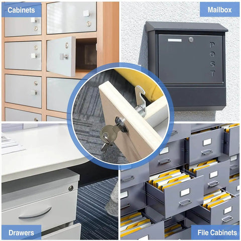 Cabinet Cam Locks Keyed Alike Set For RV Storage And Tool Boxes One And A Half Inch Long Zinc Alloy 4 Pack, installed on cabinets, mailbox, drawers, file cabinets.