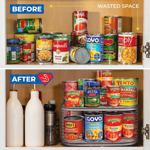 Before and after using Two-Tier Kitchen Rotating Canned Goods Organizer With Turntable, optimizing pantry space, securing items with silicone mats.