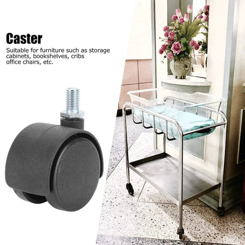 4 Pack Cabinet Casters 1.5 Inch 360 Degree Rotatable Replacement Wheels Universal Plastic Wheel shown beside furniture with flowers.