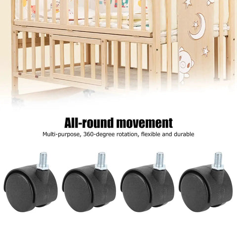 4 Pack Cabinet Casters 1.5 Inch 360 Degree Rotatable Replacement Wheels for cabinets, chairs, and bookshelves, shown with a crib
