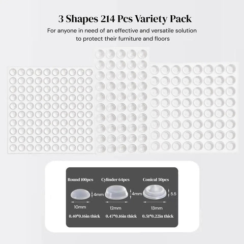 Heavy Duty Cabinet Door Bumpers Set With 4mm And 5.5mm Thick Cushions 3 Shapes And A 214 Piece Variety Pack Of Self Adhesive Clear Rubber Bumper Pads For Cabinets Drawers And Furniture That Keep Doors From Slamming Or Scratching Surfaces displayed in sheets