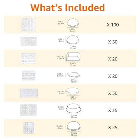 Chart showing sizes and quantities in Clear Self Adhesive Cabinet Door Bumpers Set 300 Piece For Drawers And Cupboards Rubber Stoppers
