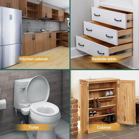 Image showing kitchen cabinets, bedside table drawers, a toilet, and a cabinet, ideal for 200 Pack Self Adhesive Cabinet Door Bumpers Pads Clear Soft Rubber Circular Dots For Cupboards Drawers Tables Laptop Lids Sound Dampening Anti Slip Easy Peel And Install.