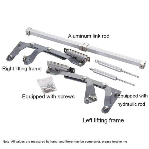 Components of Cabinet Door Hinges, Lift Up Mechanism Support Vertical Swing Lifting Stay Strut Hydraulic Cylinder, shown with screws and rods
