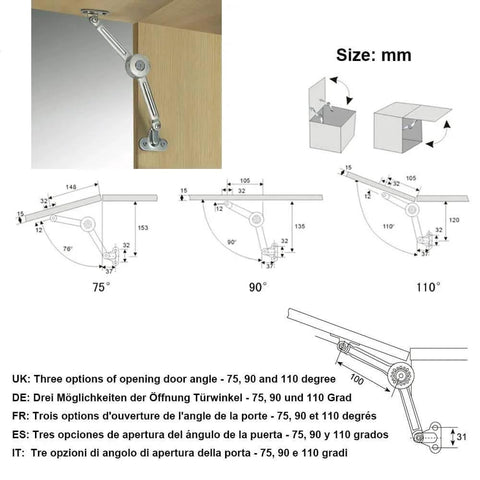 Diagram and measurements of 2 Packs [Upgraded] Qrity Cabinet Cupboard Furniture Door Lift Stay Support Hinge Damper for 75°, 90°, 110° angles.