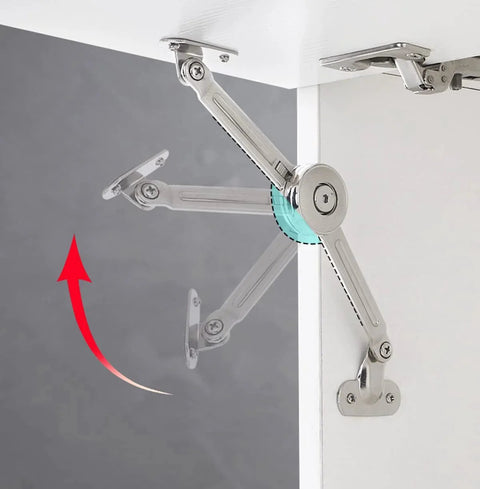 2 Packs [Upgraded] Qrity Cabinet Cupborad Furniture Door Lift Stay Support Hinge Damper installed showing opening angle up to 110°.