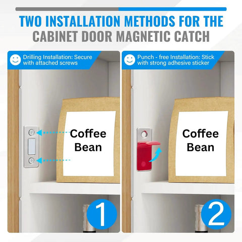 Two installation methods for cabinet door magnetic catch with drilling and punch-free options, coffee bean jar shown inside cabinet.