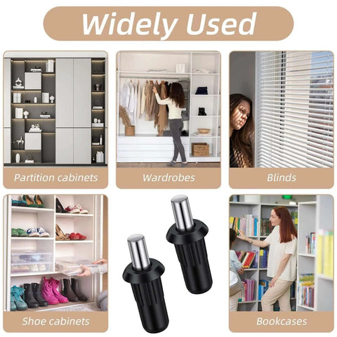 Collage showing uses of 24pcs Cabinet Door Repair Pins, Spring Loaded Pin, Telescopic Spring Pins for cabinets, wardrobes, blinds, and bookcases.