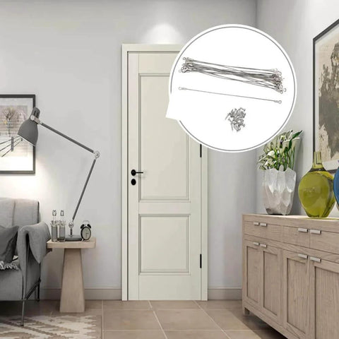Interior room with a focus on 20pcs Cabinet Door Restraint, Cabinet Hinge Limiter, Limit Door Swing with Screws displayed in circle inset.