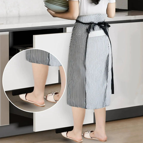 Woman using Cabinet Foot Pull For Trash Drawer Hands Free Touchless Design With Foot Pedal Operation Suitable For Cabinets With Full Coverage Front