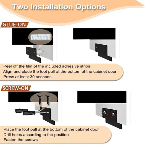 Two installation options for Pack Of Two Hands Free Cabinet Foot Pulls, showing adhesive and screw-on methods for touchless trash drawers.