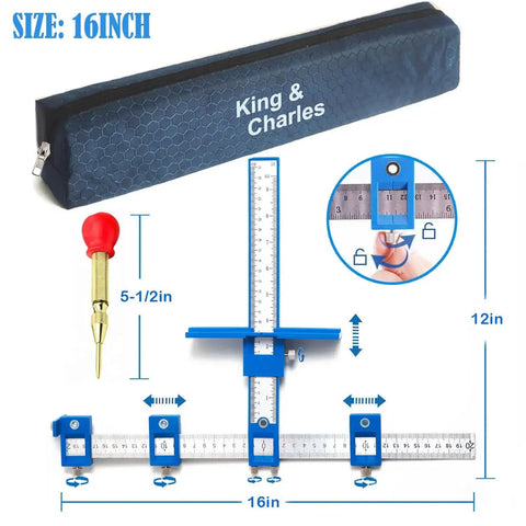 Cabinet Hardware Jig With Automatic Center Punch, 16-inch size, showing measurement scales for precise handle installations.