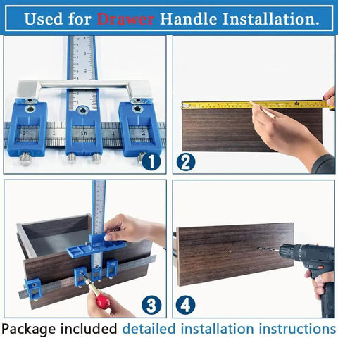 Cabinet Hardware Jig With Automatic Center Punch For Precise Handle And Pull Installations shown in use on wooden drawer