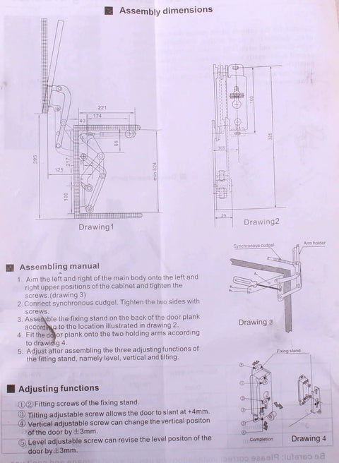 Assembly dimensions for Cabinet Door Vertical Swing Lift Up Stay Pneumatic Arm Kitchen Mechanism Hinges with diagrams