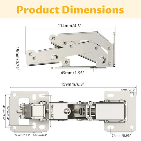 Product dimensions of 4 Pack 170 Degree Soft Close Cabinet Hinges for Corner Cabinets, showing detailed measurements and hinge parts.