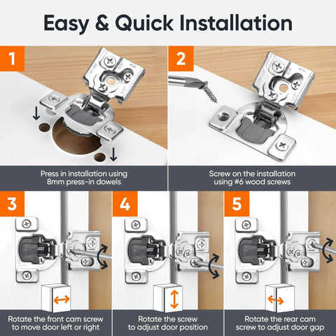 Installation guide for Soft Close Cabinet Hinges For Half Inch Overlay Kitchen Cabinets, 50 Pack Stainless Steel, Decobasics.