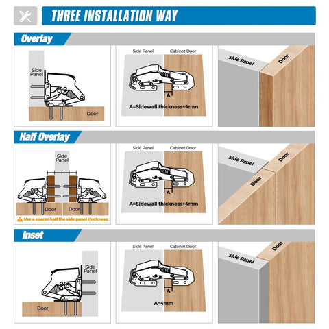 Three installation methods for Soft Close Hidden Hinges For Kitchen Cabinets 4 Pack Surface Mount Heavy Duty Cabinet Hinges with Easy Screw Install.