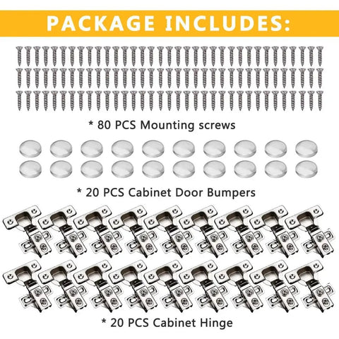 Package contents for Soft Close Cabinet Hinges 20 Pack For One Half Inch Partial Overlay Cabinets, screws, bumpers, and hinges.